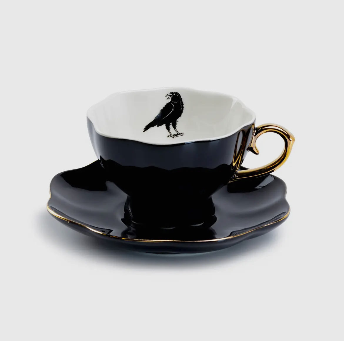 Raven Black Gold Teacup and Saucer
