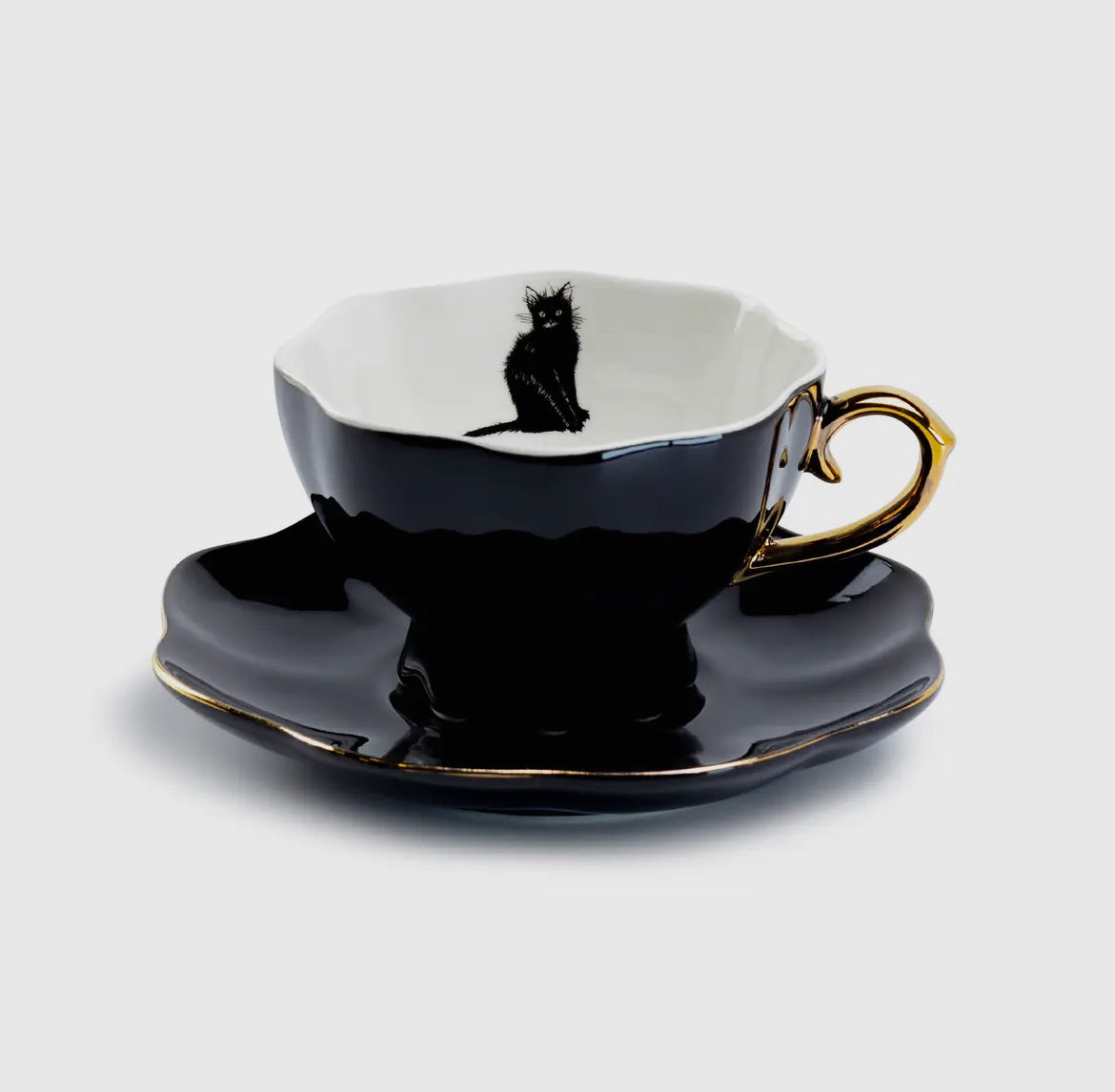 Black Cat Black Gold Teacup and Saucer