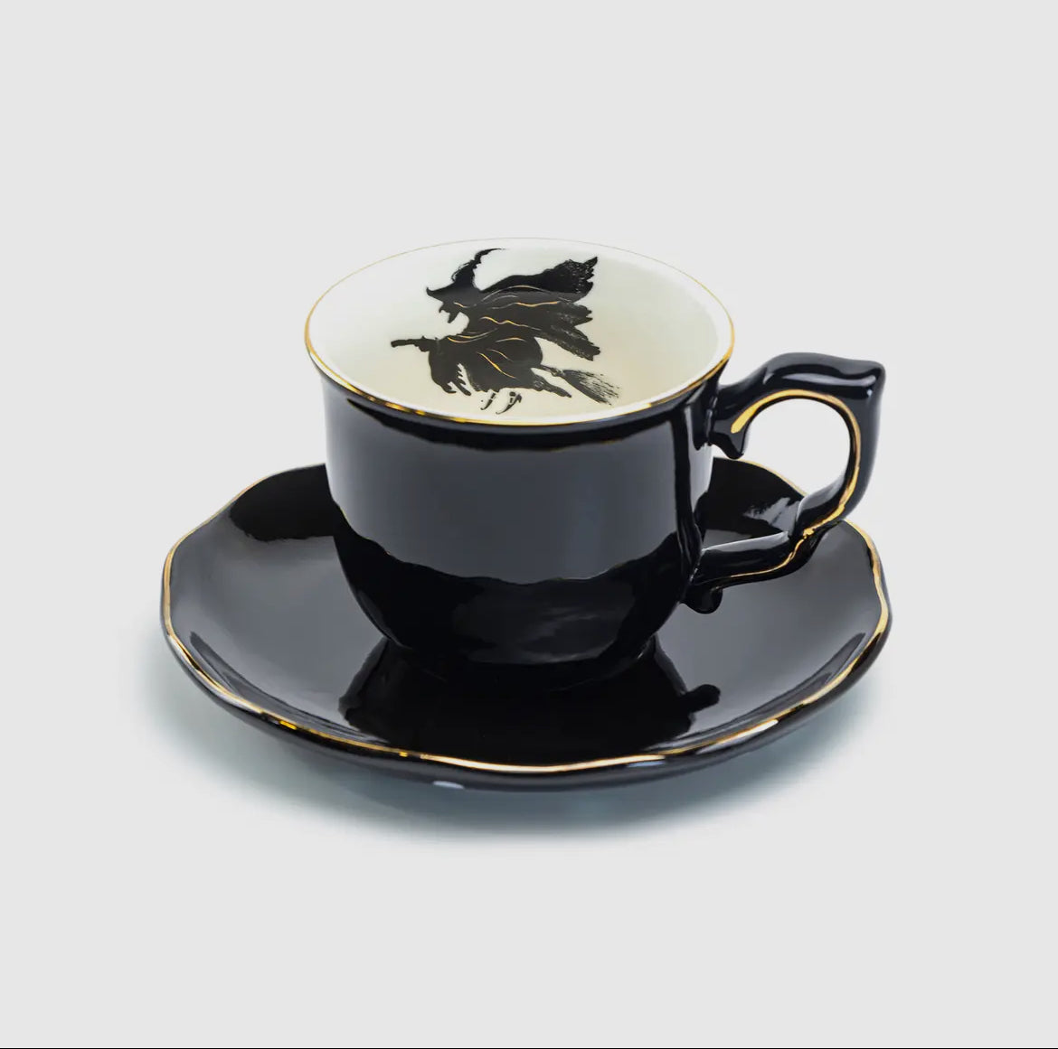 Flying Witch Black Gold Teacup and Saucer